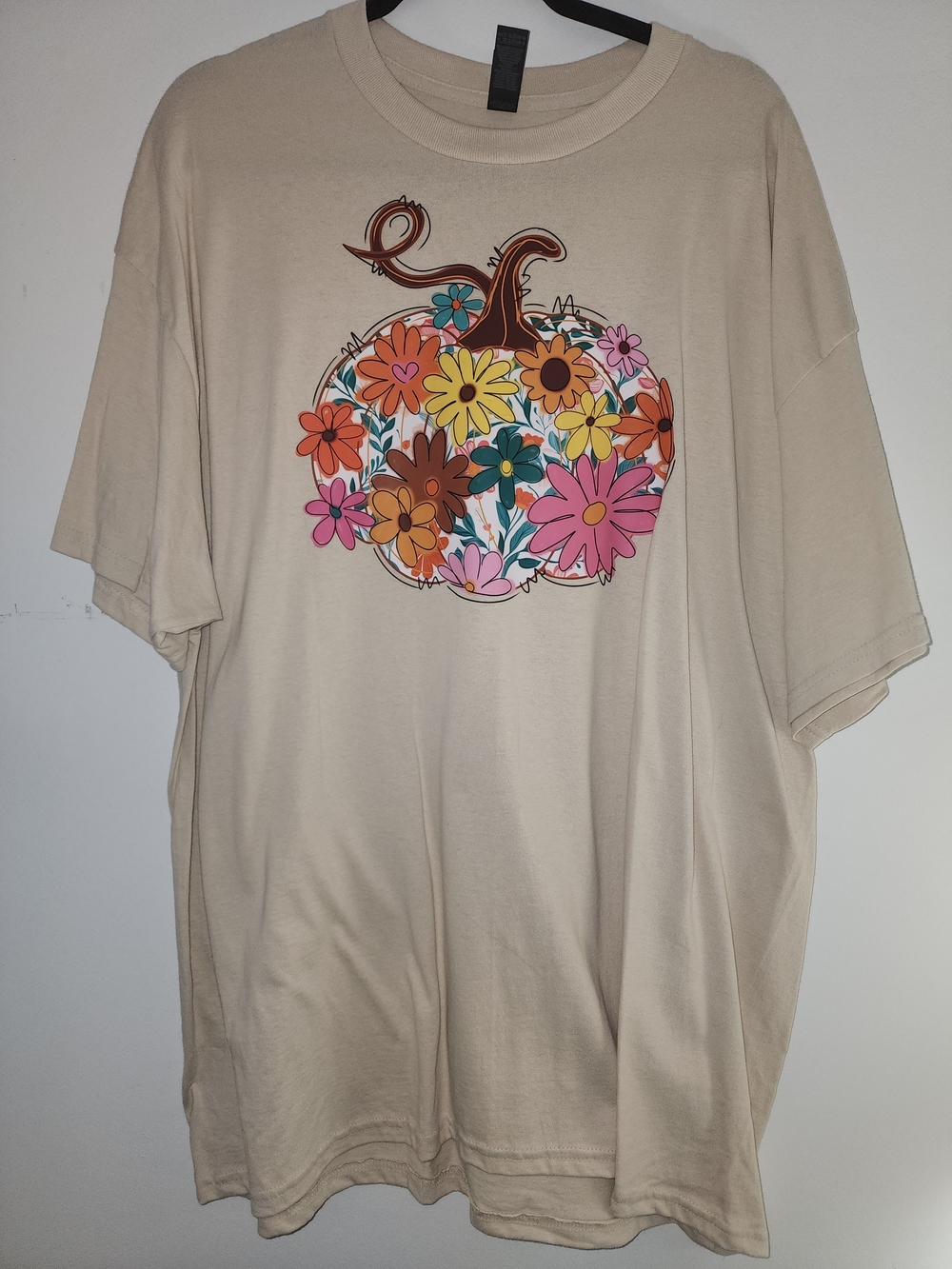 Plus Womens Fall Gildan Cream Tee with Colorful Floral Pumpkin Graphic